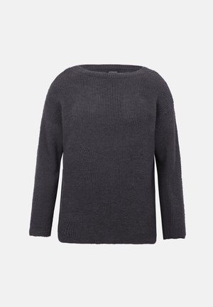 Camisola de malha cinza carvão com acabamento texturizado, decote largo e mangas compridas. Design simples e solto, sem padrões ou detalhes visíveis.