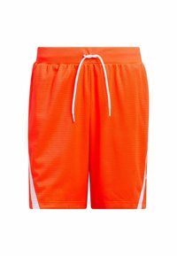 Světlé oranžové síťované sportovní šortky s šňůrkou, s bílými detaily na bocích a prodyšnou strukturou po celém povrchu.