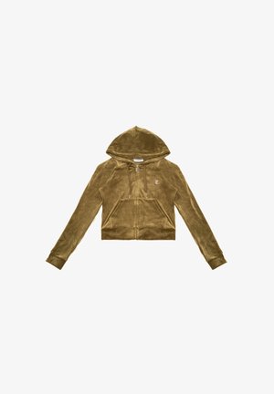 Felpa corta color verde oliva realizzata in morbido velluto, con cerniera frontale, coulisse sul cappuccio e tasche anteriori.