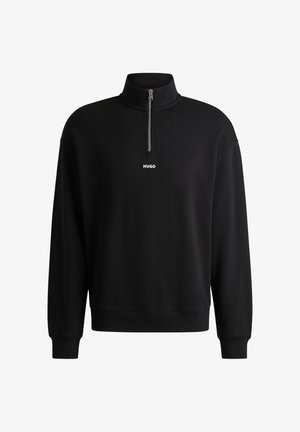 Black sweatshirt with a high collar, front zipper, and subtle logo. Made from soft fabric, features ribbed cuffs and hem.