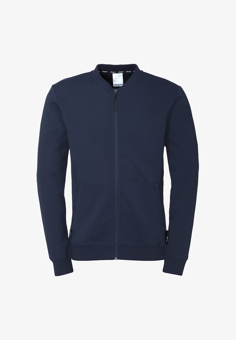 Marineblå zip-up sweatshirt med rund krave, lange ærmer og sidelommer; lavet af glat, åndbart materiale.