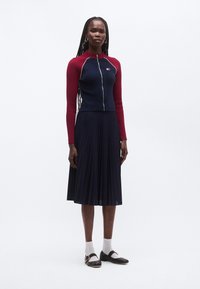 Punane ja lahe triibuline lukuga ülaosa, mis on kombineeritud volditud tume lahe seelikuga, valgete sokkide ja mustade kingadega kuldsete detailidega.