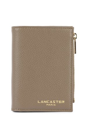 Taupe textured leather folded wallet with gold zipper and Lancaster Paris logo embossed in gold on front.