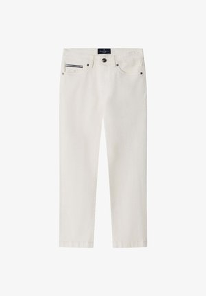 Witte spijkerbroek van denim met rechte pijpen, voorzien van een knoopsluiting aan de voorkant en zijzakken. Subtiele stikdetails zorgen voor textuur.