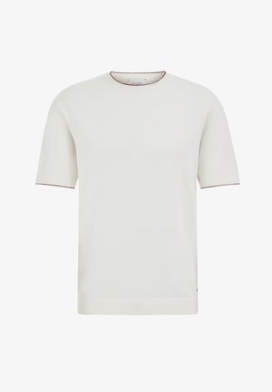 Bijela džemper majica s kratkim rukavima i okruglim izrezom, s diskretnim smeđim obrubom na rubovima ovratnika i rukava, prikaz sprijeda.