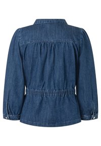 Jeansjacke in dunkler blauer Farbe, mit elastischem Bund, puffigen Ärmeln und Kragen. Verfügt über Knopfakzente an den Manschetten.