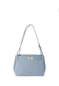 Ljusblå läderhandväska med strukturerad form, silverdetaljer, en framficka med dragkedja och en justerbar axelrem.