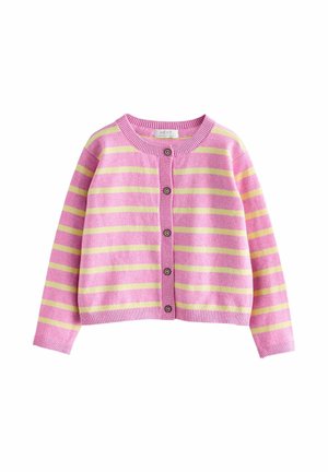 Pink and light yellow striped button-up cardigan with long sleeves and round neckline, displayed flat against white background.