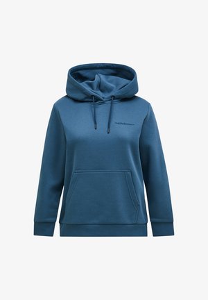 Blauwe hoodie van zacht materiaal, met een kangoeroezak, ribgebreide manchetten en een klein logo op de borst.