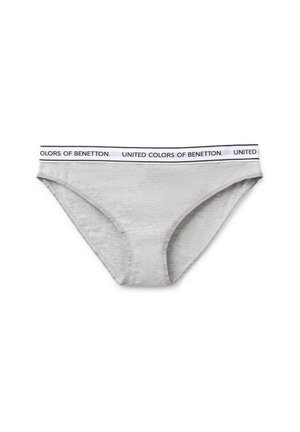Graue Damen-Bikinihose mit weißem elastischem Bund, bedruckt mit "United Colors of Benetton" in schwarzem Text.