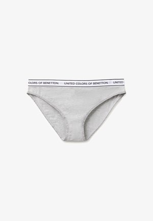 Graue Damen-Bikinihose mit weißem elastischem Bund, bedruckt mit "United Colors of Benetton" in schwarzem Text.