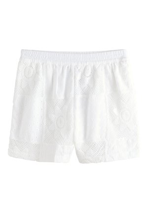 Weiße Spitzen-Shorts mit elastischem Bund, mit Blumen- und geometrischen Mustern.
