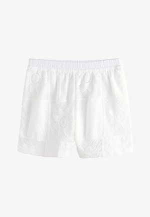 Weiße Spitzen-Shorts mit elastischem Bund, mit Blumen- und geometrischen Mustern.
