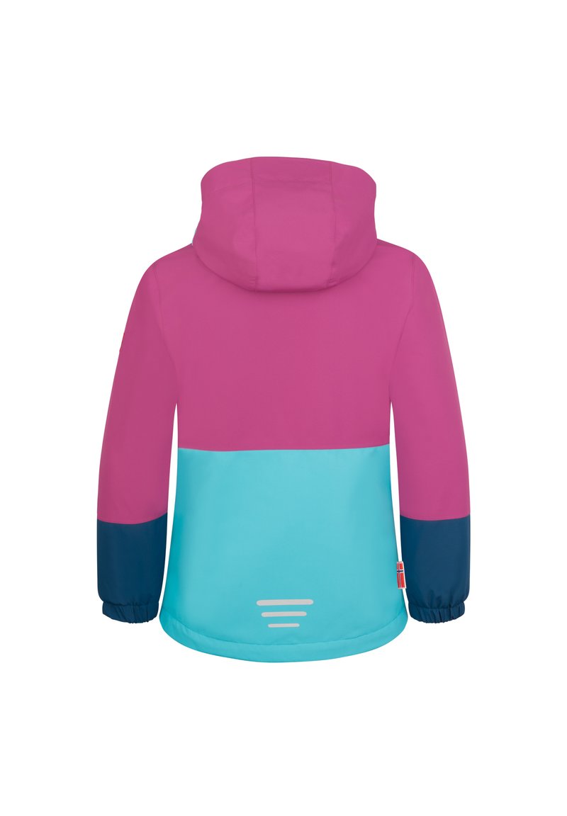 Farbblockierte Jacke mit rosa Oberteil, türkisfarbenem Körper und marineblauen Bündchen. Mit Kapuze und reflektierenden Akzenten auf der Rückseite.