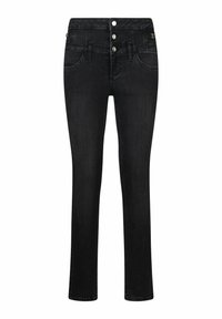 Jeans in denim nero con un design aderente, vita alta e stile a cinque tasche. Presentano tre bottoni e dettagli di cucitura sottili.