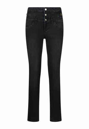 Jeans in denim nero con un design aderente, vita alta e stile a cinque tasche. Presentano tre bottoni e dettagli di cucitura sottili.
