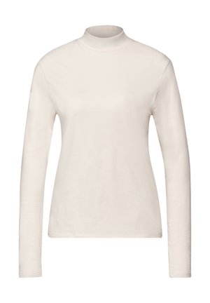 Haut à col roulé long à manches, en crème, fabriqué en coton doux, avec une silhouette ajustée et une texture lisse, sans motifs ni embellissements.