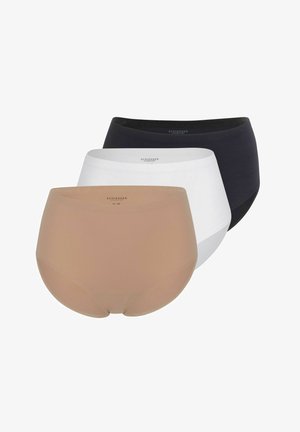 Drie paar damesondergoed in nude, wit en zwart. Gemaakt van gladde stof met een hoge taille en gestikte randen voor comfort.