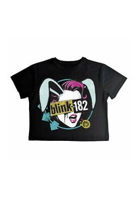 Black cropped t-shirt featuring a graphic design of a face with pink hair, bunny ears, and "blink-182" text in a bold font.