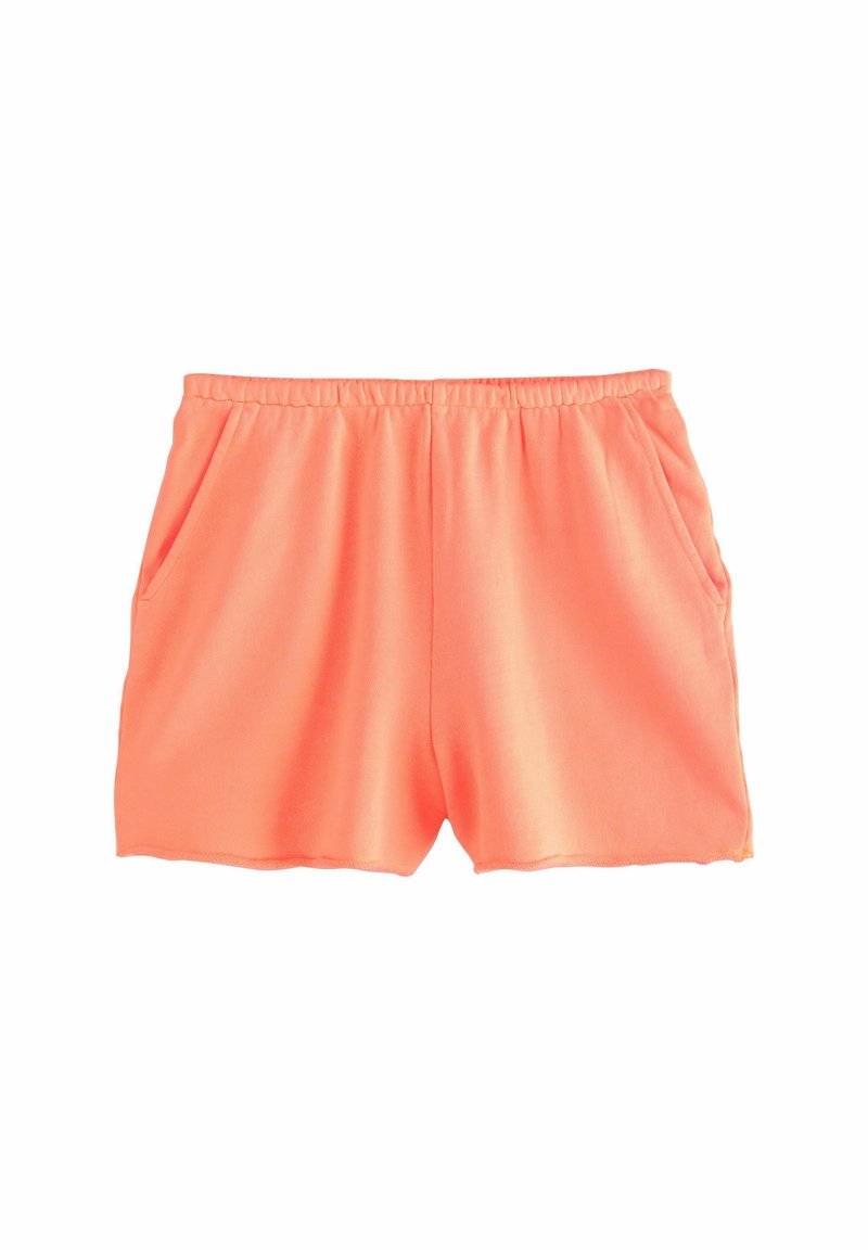 Perzikkleurige shorts gemaakt van zachte stof. Voorzien van een elastische tailleband en twee zijzakken. De afgebakende randen zorgen voor een nette afwerking.