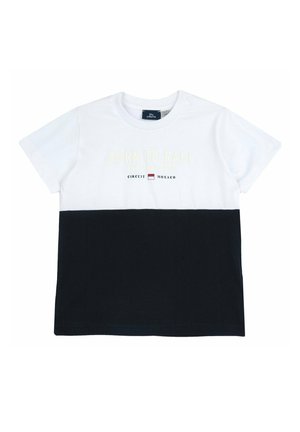 Maglietta a maniche corte per bambini con metà superiore bianca, metà inferiore nera e scritta "Born to Race Circuit Monaco" con bandiera rossa e bianca.