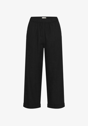 Črne lanene hlače širokega kroja z elastičnim pasom in zavihanimi manšetami, ki se ponašajo z gladko teksturo in sproščenim, ohlapnim prilegajanjem.