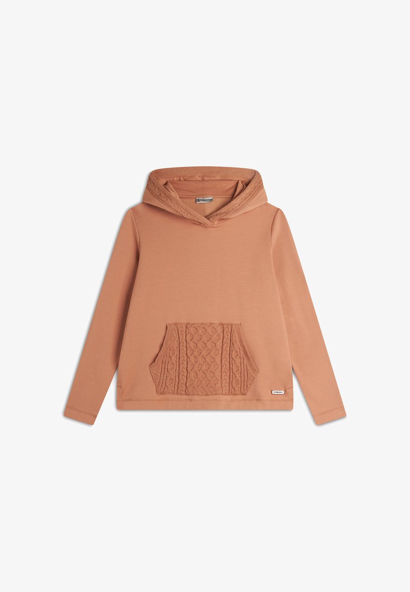 Felpa con cappuccio color ruggine, dotata di tasca lavorata a maglia testurizzata. Maniche lunghe e vestibilità rilassata. Realizzata in tessuto morbido e elasticizzato.