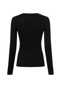 Schwarzes langärmliges Oberteil mit figurbetontem Design, ausgestattet mit einem strukturierten Muster und dezentem Schimmer. Rundhalsausschnitt und glatter Stoff.