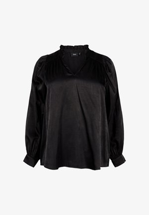 Juoda bluzonė su ilgomis rankovėmis, raukšlėta apykakle ir laisvu siluetu. Lygi medžiaga su subtiliu blizgesiu ir apvyniotomis rankovėmis.