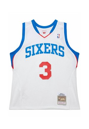 White basketball jersey featuring "SIXERS" in blue text and number "3" in red. Blue accents on shoulders, mesh fabric, NBA logo patch included.
