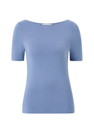 Kurzärmeliges, hellblaues, figurbetontes Oberteil mit U-Boot-Ausschnitt, aus glattem, elastischem Stoff gefertigt.