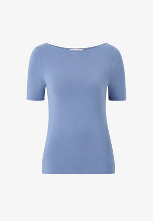 Kurzärmeliges, hellblaues, figurbetontes Oberteil mit U-Boot-Ausschnitt, aus glattem, elastischem Stoff gefertigt.