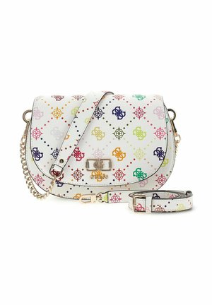 Sac bandoulière blanc avec logos multicolores et motifs en losange, chaîne et fermoir dorés, et une bandoulière réglable et amovible.