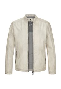 Hellgraue Jacke mit Stehkragen, Reißverschluss vorne, seitlichen Taschen und glattem, strukturiertem Stoff. Verfügt über subtile Steppnähte.