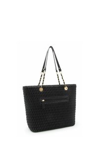 Sac fourre-tout tissé noir avec deux poignées en cuir noir et ferrures dorées. Comprend une poche zippée à l'avant et un extérieur texturé.