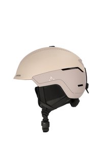 Hellbeiger Skihelm mit glatter, matter Oberfläche, verstellbarem Kinnriemen, Belüftungsöffnungen und kontrastierendem schwarzem, gepolstertem Innenfutter.