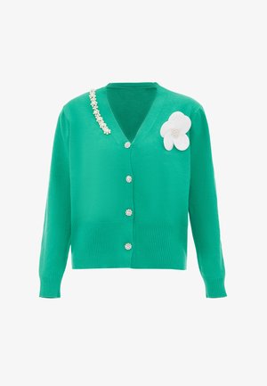 Cardigan verde con scollatura a V, con dettagli in perle lungo la spalla e un ricamo di un fiore bianco sul lato destro. Texture morbida.