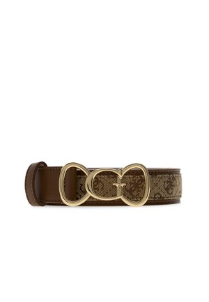 Ceinture en cuir marron avec une bande de tissu à motifs et une boucle en métal doré brillant ornée de formes ovales liées et d'une lettre G centrale.