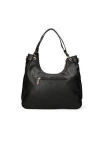 Borsa a mano in pelle nera con superficie texturizzata, forma semi-strutturata, doppie spalline e tasca frontale con zip e dettagli in metallo dorato.