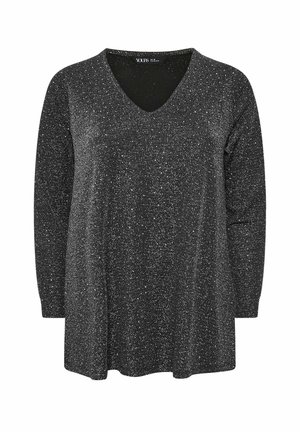 Sort langærmet tunika med V-udskæring, der har en glitrende sølvspraglet tekstur og en afslappet pasform. Blødt stof, under hoften længde.
