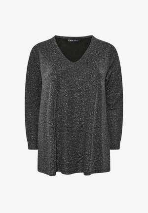 Musta pitkähihaisen tunikan paita, jossa on V-pääntie, hohtava hopeanhohtoinen rakenne ja rento istuvuus. Pehmeä kangas, hipan alapuolelle ulottuva pituus.