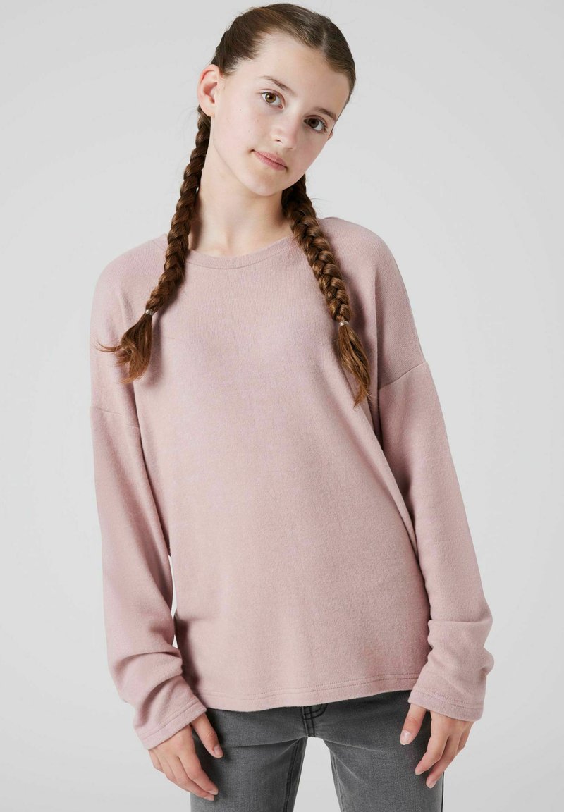 Helles rosa Langarm-Sweatshirt mit rundem Halsausschnitt und überschnittenen Schultern, aus einem weichen, strukturierten Stoff gefertigt.