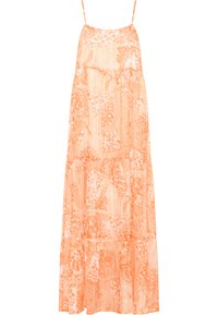 Rochie lungă, stratificată, dintr-un material portocaliu ușor, semi-transparent, cu modele florale și paisley. Are bretele subțiri, ajustabile și o siluetă fluidă.