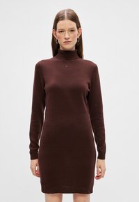 Vestido marrón de cuello alto con mangas largas, hecho de una suave tela de punto. Presenta un pequeño detalle de logo en el pecho y un diseño de corte recto.