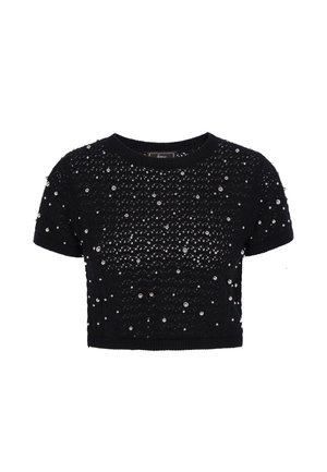 Sort kortærmet cropped sweater med tekstureret strik og spredte små sølvperler som dekoration.