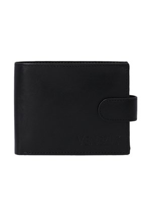 Black leather wallet with a smooth texture, rectangular shape, and a snap closure. Features embossed "VENEZIA" logo on the front.