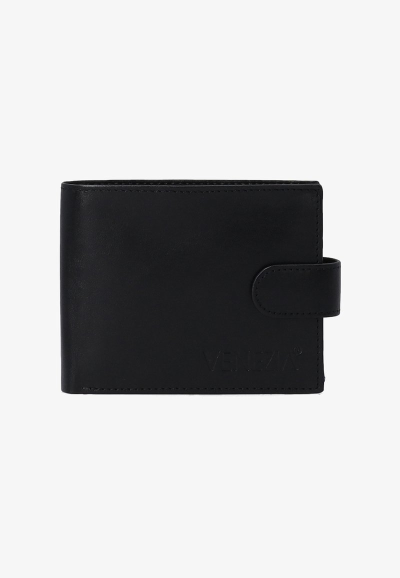 Černá kožená peněženka s hladkou texturou, obdélníkovým tvarem a zápinkou. Na přední straně se nachází vyražené logo "VENEZIA."