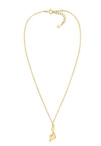 Guldfarvet kæden Halskæde med en tonal clef vedhæng og en lille dinglende perle detalje. Kæden har en lobster clasp og forlængelse.