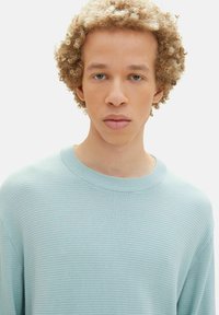 Pullover morbido di colore azzurro con una lavorazione a coste sul colletto rotondo. Il design lavorato a maglia presenta una vestibilità ampia e un tessuto morbido, adatto per un abbigliamento casual.