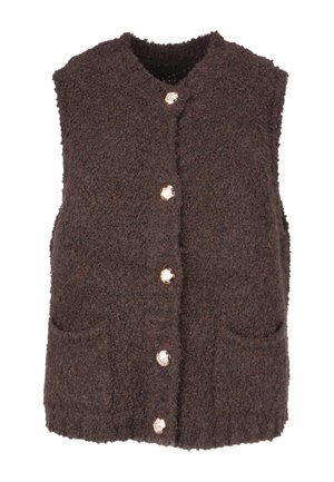 Brown textured vest with no sleeves, featuring four front buttons, two pockets, and a rounded neckline.